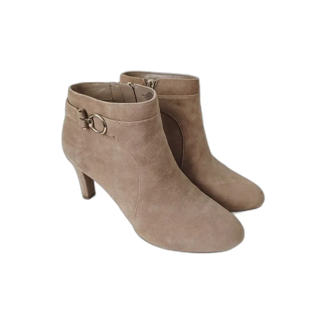 Bandolino Ankle Boots Taupe Tan Leather Suede Heeled Shoes Size 8.5M